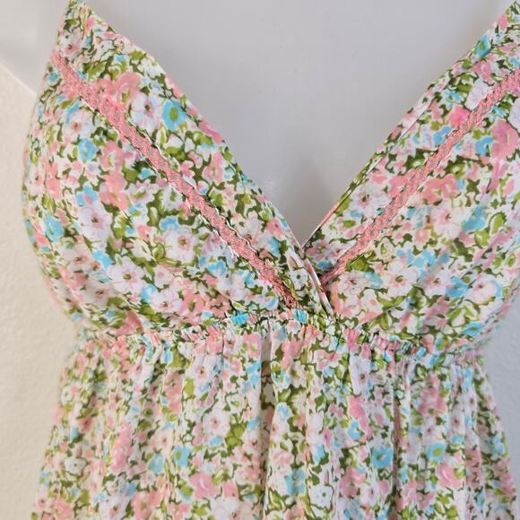 Forever 21 Y2K Babydoll Top Juniors M Dainty Pastel Floral Print Crochet Accent - Picture 3 of 11